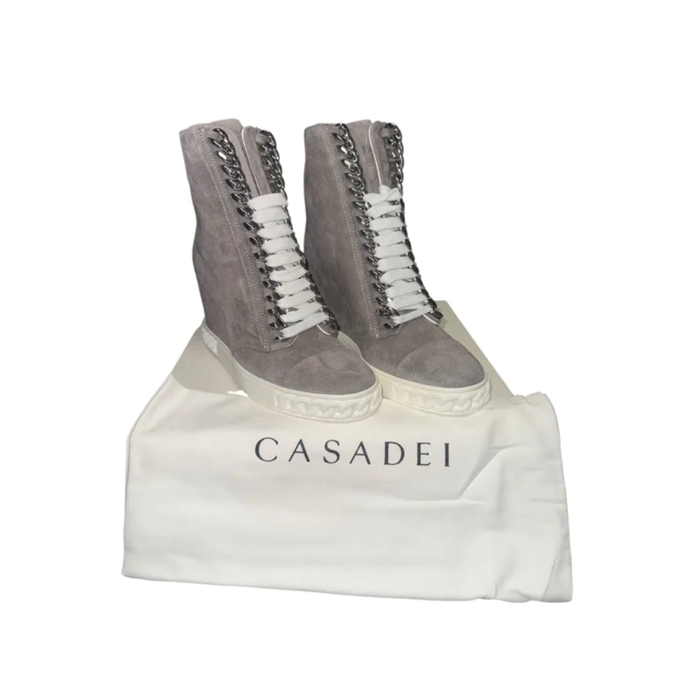 NEW IN BOX CASADEI grey suede Silver Chain Trim lace up Ankle Wedge sneaker